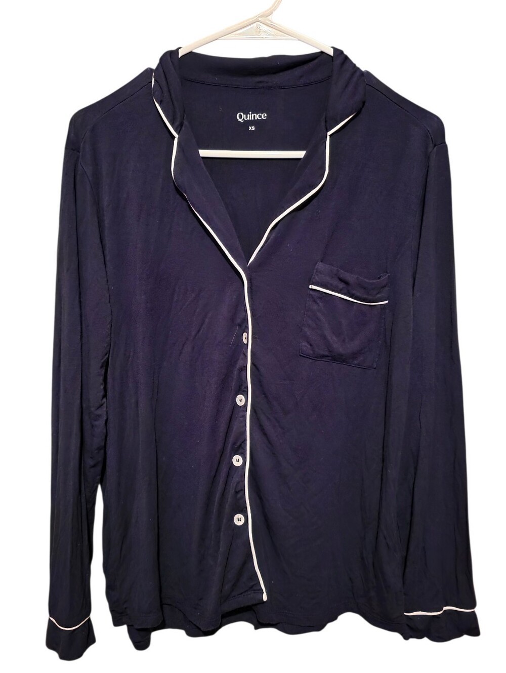 Quince Bamboo Blend Navy Blue Longsleeve Sleep Shirt White Trim & Pocket Sz XS